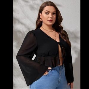 3XL - BRAND NEW - Plus Knot Front Ruffle Hem Bell Sleeve crop top blouse